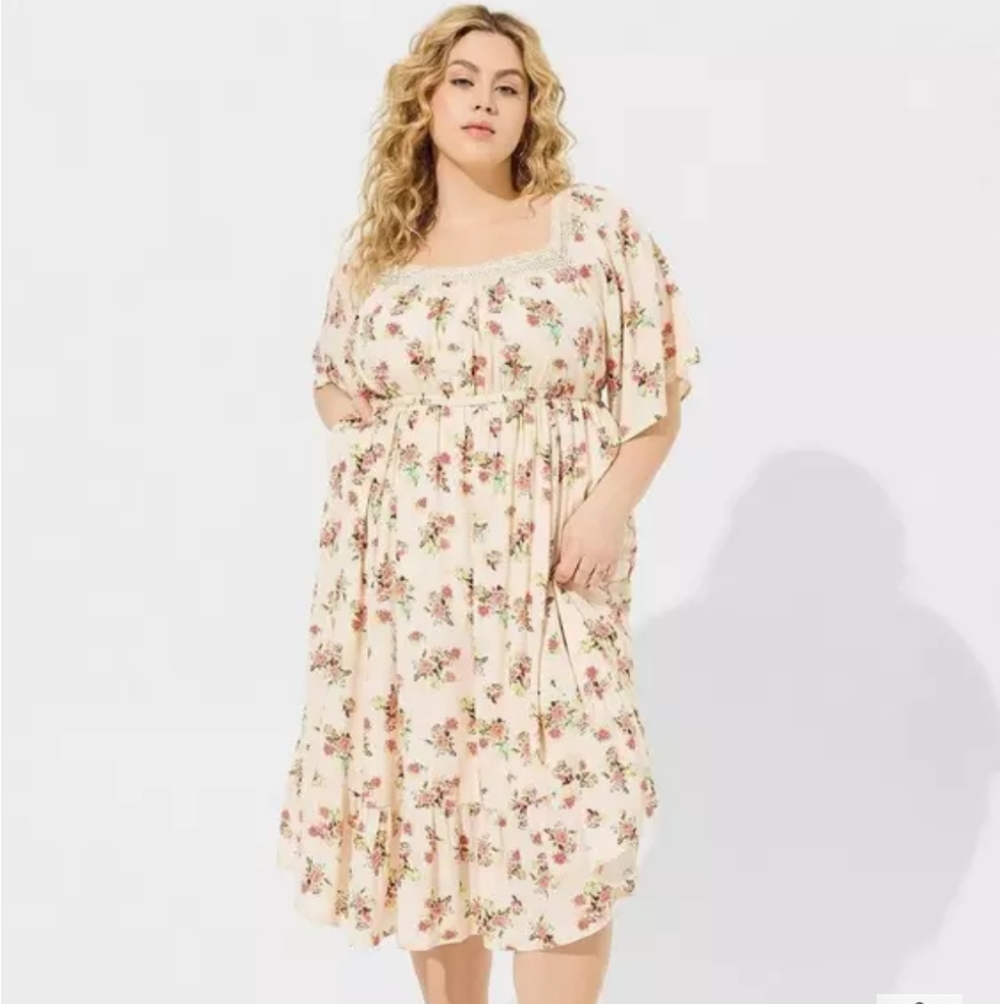 Torrid Midi Length Washable Gauze Peasant Dress